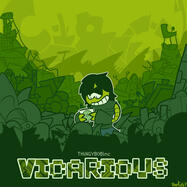 Monochromatic artwork of a smiling robot holding a jewel CD case while standing in a landfill. The landfill's contents are mostly unidentifiable abstract shapes. At the bottom of the image is the word "VICARIOUS" written in a faux-pixelated font.