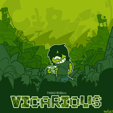 Monochromatic artwork of a smiling robot holding a jewel CD case while standing in a landfill. The landfill's contents are mostly unidentifiable abstract shapes. At the bottom of the image is the word "VICARIOUS" written in a faux-pixelated font.