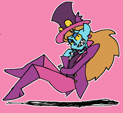Art of a blue-skinned woman with long orange hair, pointed ears and sharp teeth. She is wearing a purple circus ringleader's suit and a top hat with large yellow eyes peeking over the brim. The woman is levitating above the ground in a reclining position a