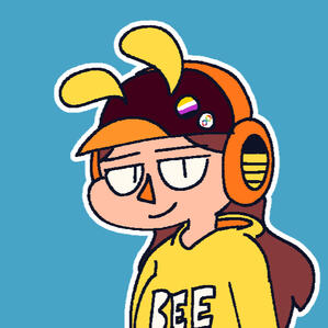 drawing of a long-haired cartoon person with a yellow hoodie and a brown baseball cap with two yellow "antennae" and orange headphones with a bee-like design on them. pins of the nonbinary flag and the autism symbol are on the hat. it's me :)
